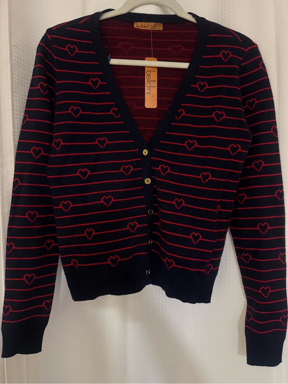 Bellini Navy and Red Heart-Striped V-Neck Cardigan small women’s
